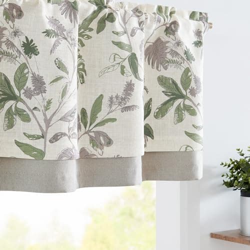 jinchan Linen Valance Double Layer Kitchen Window Curtain Green Leaf on Beige Valance for Living Room Cafe Farmhouse Light Filtering Rustic French Country Curtain 18 Inch Rod Pocket 1 Panel