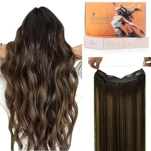 DOORES Wire Hair Extensions 18 Inch 95g Remy Human Wire Hair Extensions Invisible Transparent Line Adjustable Hairpieces Secret Extensions Straight Hair Balayage Dark Brown to Chestnut Brown