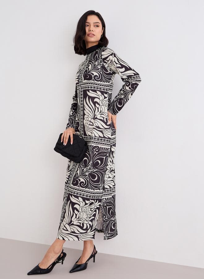 Scarf Tie Print High Neck Maxi Dress
