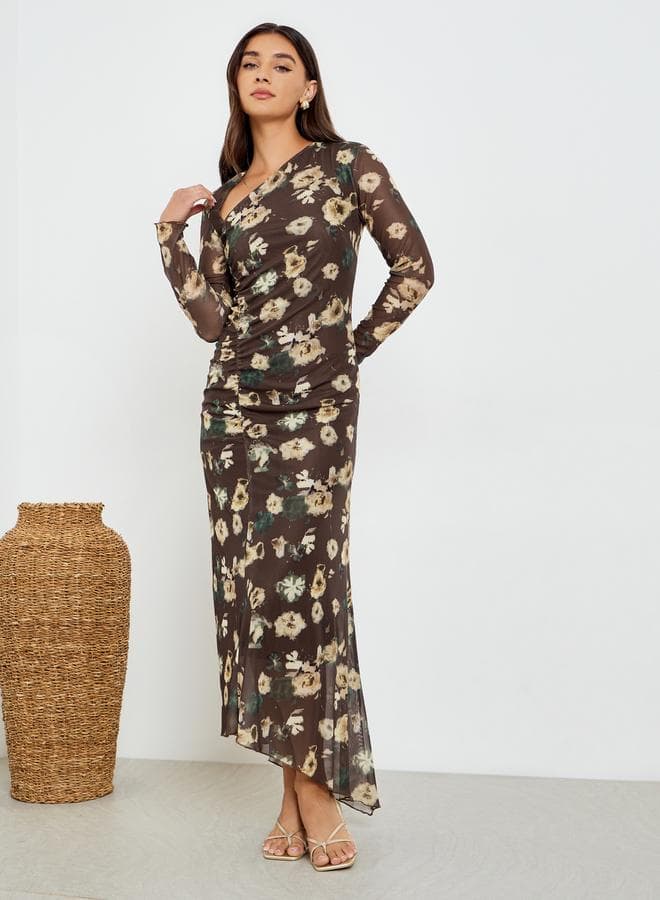 Women Floral Print Gathered Detail Bodycon Maxi Dress