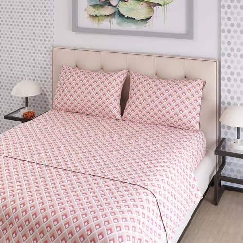 Zen Cotton Blend King Bedsheet Set (Oeko Tex Certified) | 1 King Cotton Bedsheet & 2 Pillow Covers | Breathable & Anti-Wrinkle | 225 CVC | (Ikat Print, Peach)