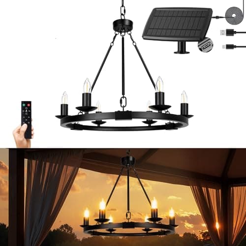 ALL FORTUNE Solar Outdoor Chandelier 6Light 19 Chandelier Outdoor Waterproof Dimmable Hanging Pendant Lights Farmhouse Style for Gazebo Porch Patio Pergola Decor Lighting