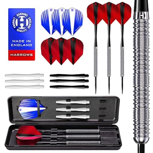 Harrows Caliber 90% Tungsten Steel Tip Darts Set I 21g to 30g All Weights Available I Huge 16pcs Bundle with Spare Shafts, Prime Flights & Travel Case (Silver, 21 Grams)
