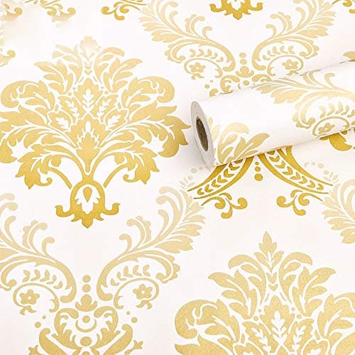 wolpin Floral Damask Self Adhesive Wallpaper (45 x 500 CM, Gold) | DIY Wall Sticker for Living Room, Hall, Sofa Background | PVC Peel & Stick Home Interior Decoration Sheet in Gold