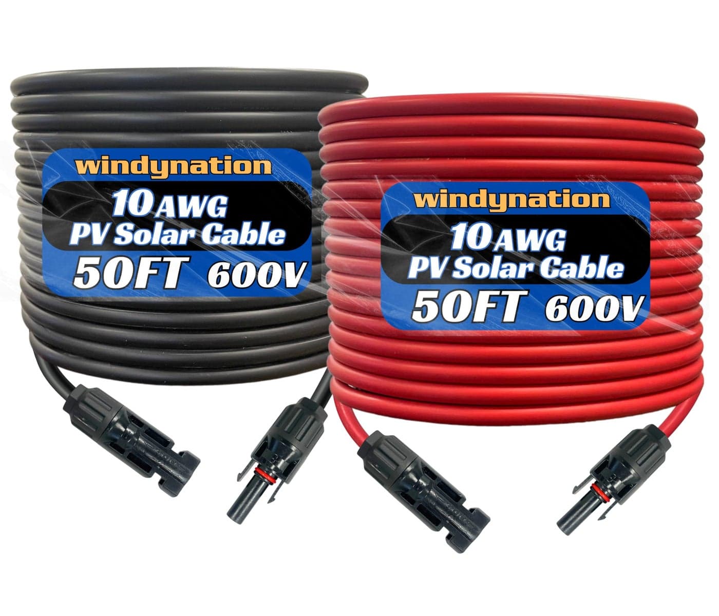 WindyNation 10 Gauge 10 AWG Pair 50 Feet Black + 50 Feet Red PV Photovoltaic Solar Panel Extension Cable Wire Solar Connectors