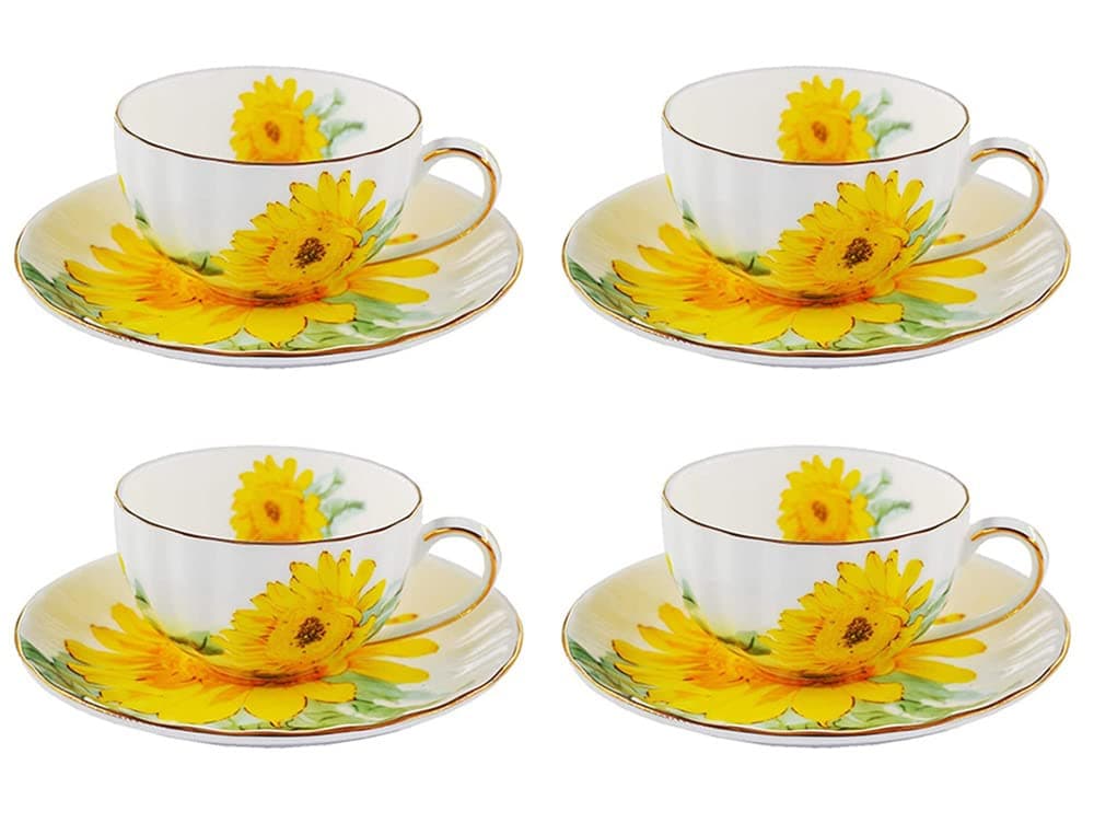 Ceramic Teacup Sunflower Vintage Chintz Porcelain Coffee Mug Tea Cup with SaucerSet of 4