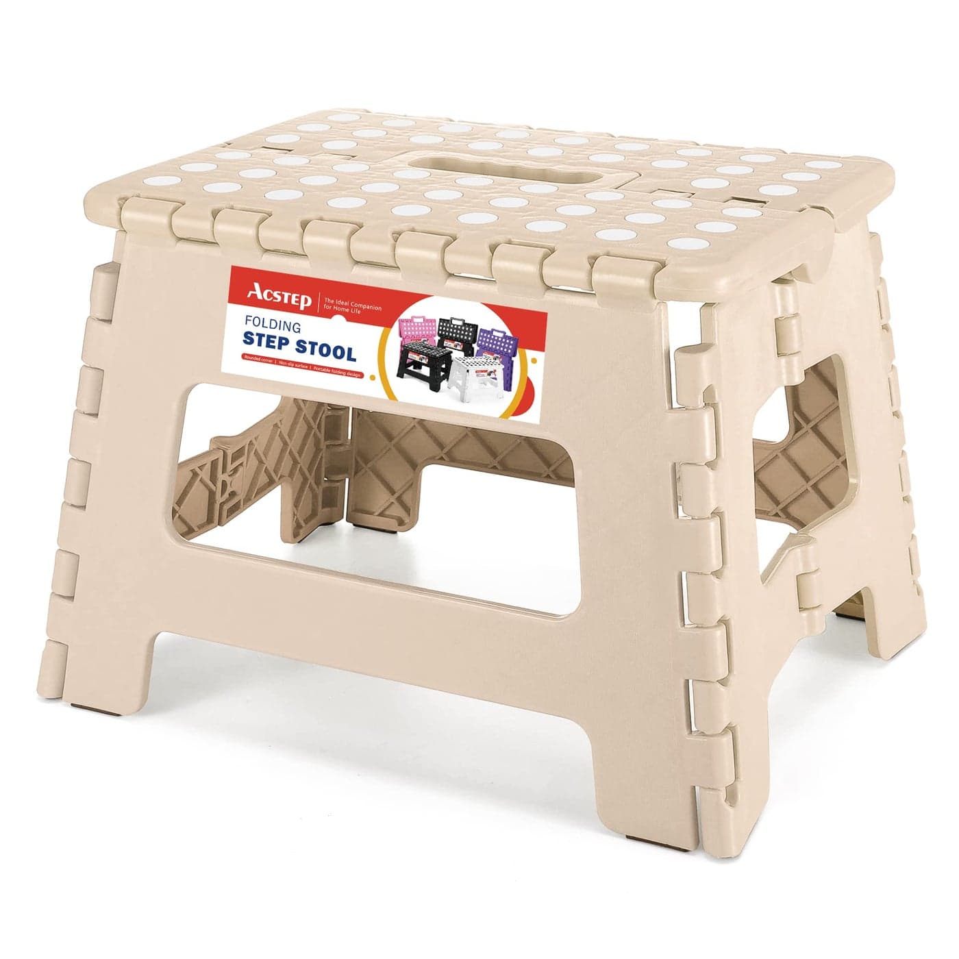 ACSTEP Folding Step Stool 9 Inch Lightweight Plastic NonSlip Foldable Stool for Kitchen Bathroom Bedroom Khaki