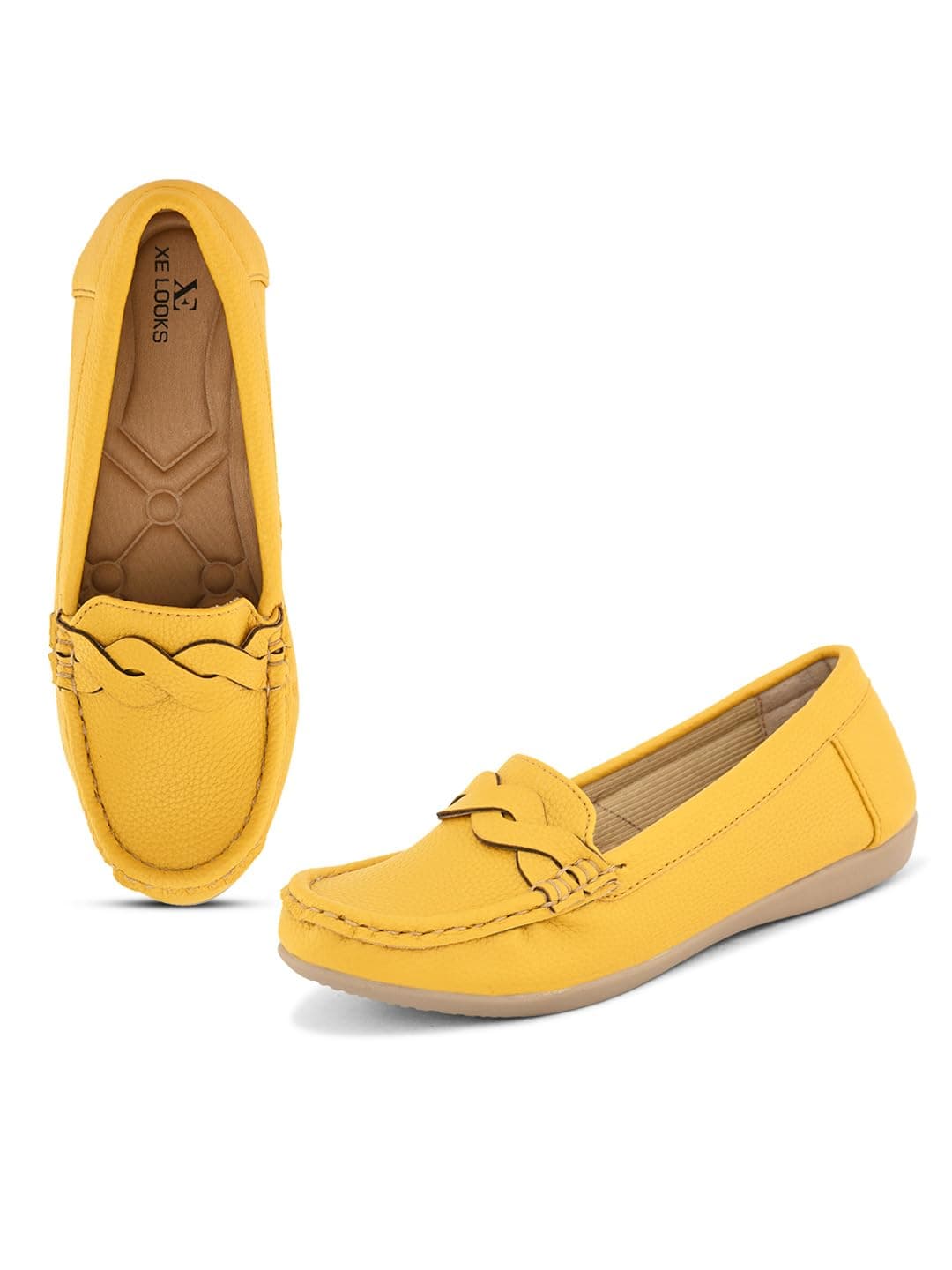 XE Looks Women's Mustard Yellow Loafers | Chic Braided Upper with Comfortable Insole | Durable Sole with Trendy Perfect Blend of Comfort and Stylish Loafers For Girls & Women