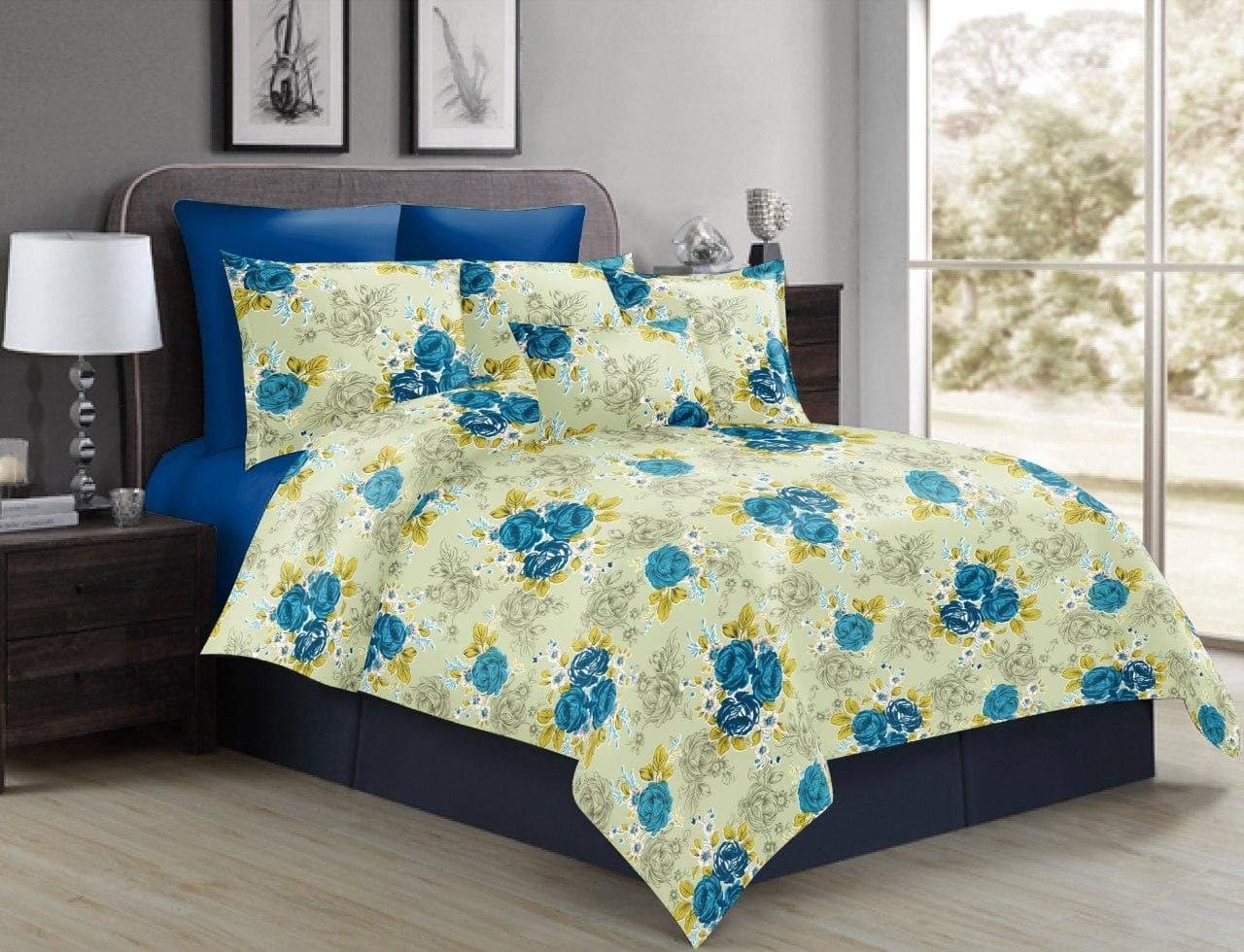 Divine Overseas 100% Pure Cotton Designer Printed Double Bed Sheet Set (Fragrance) 1 Bed Sheet +2 Pillow Cover (Double, Teal Green Rose)