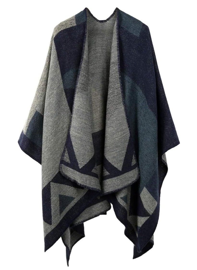 Winter Shawl Wraps Poncho Cape - Women’s Warm Open Front Printed Reversible Oversized Blanket Cardigan Fashionable Elegant Knitted Fall Wool Spinning Plaid Sweater Fleece Scarf Coat