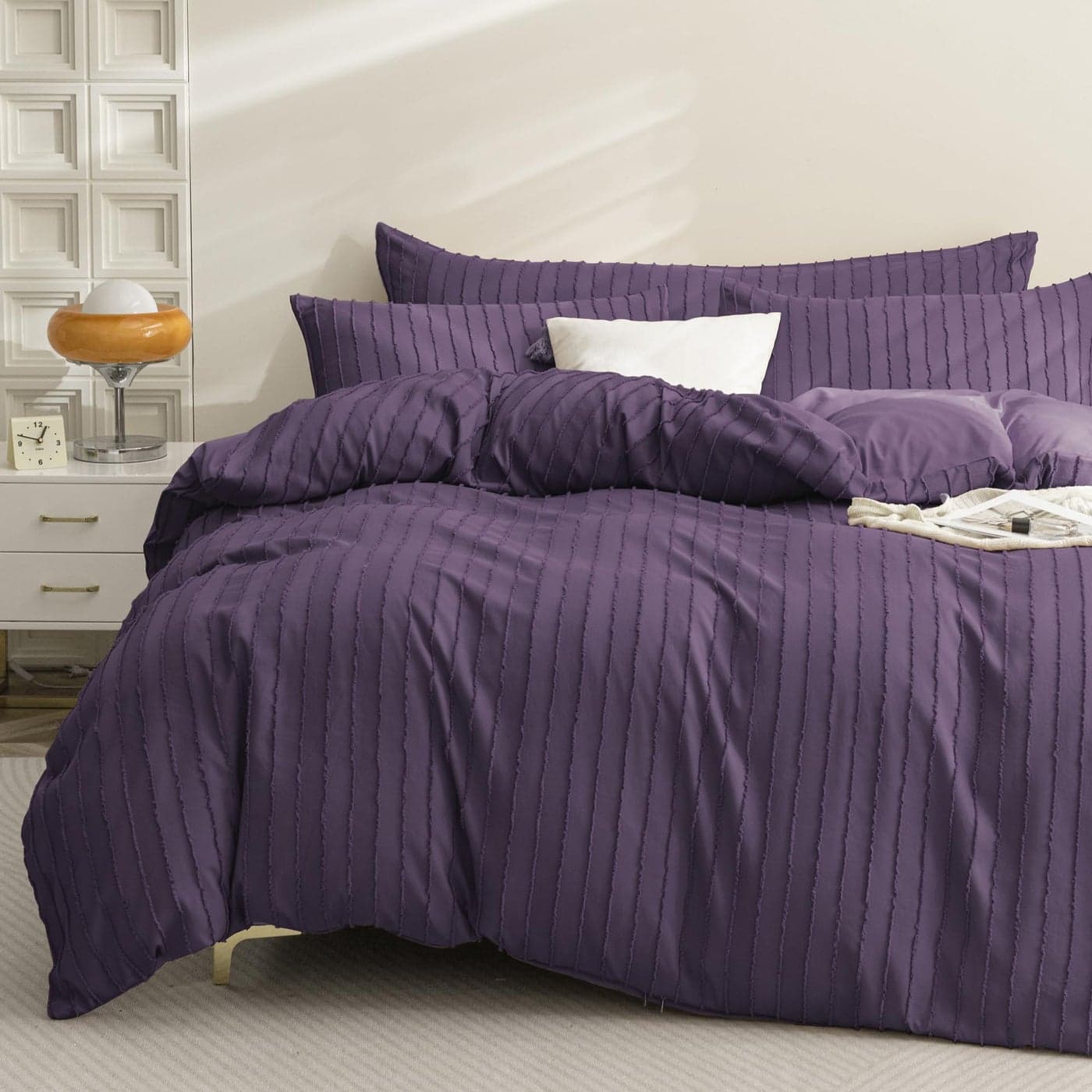 JELLYMONI Duvet Cover King Size Purple 3PCS Boho Striped Duvet Cover Set Polyester Tufted Bohemian Textured Comforter Cover 10490in with Corner Ties Zipper and 2 Pillowcases