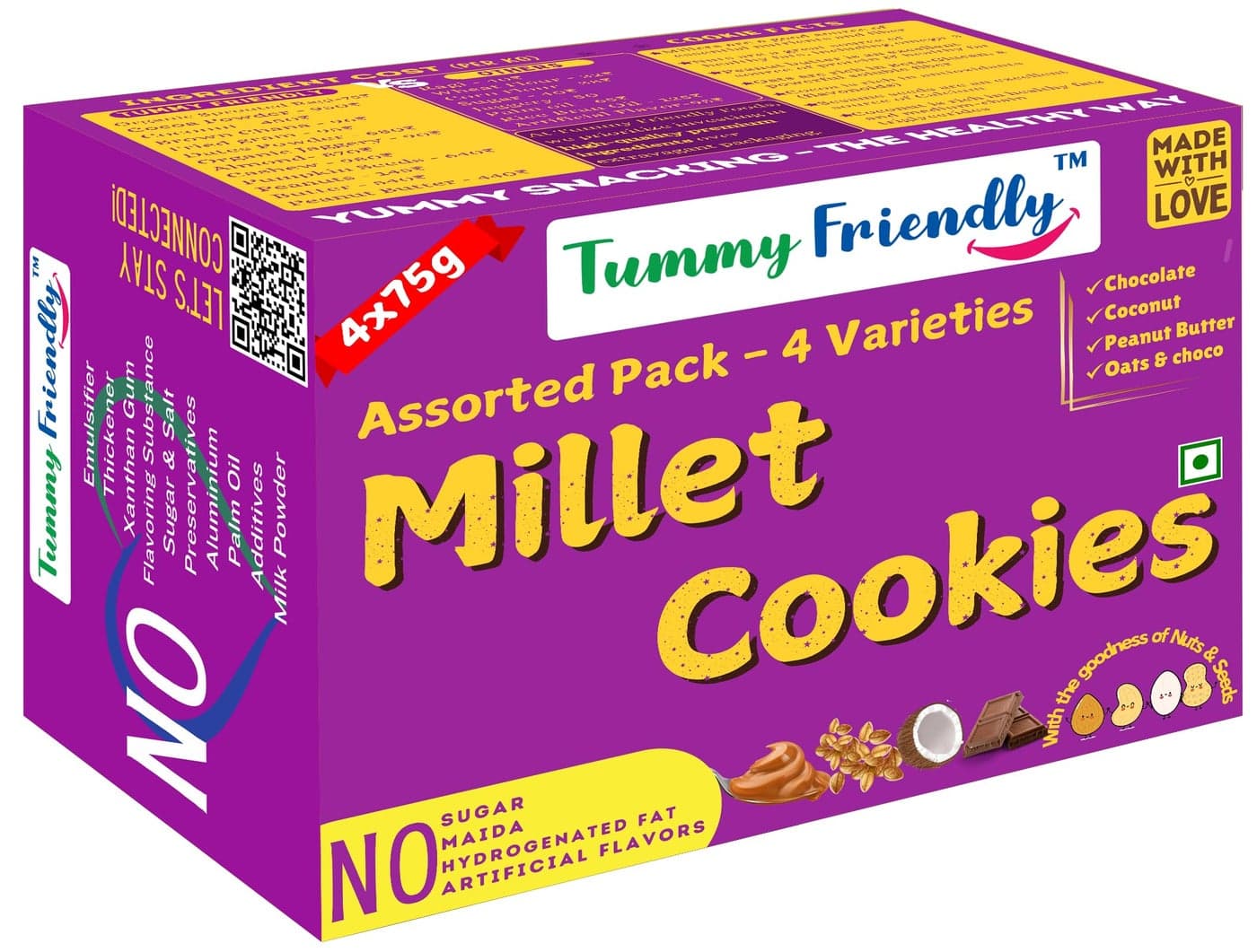 TummyFriendly Foods Millet Cookies for Kids Adults. Millet Healthy Biscuits, Ragi and Jaggery. Healthy Snacks for kids Babies 1 Year Old. Gift the Best Healthy Cookies - Assorted - 4x75 (300g)
