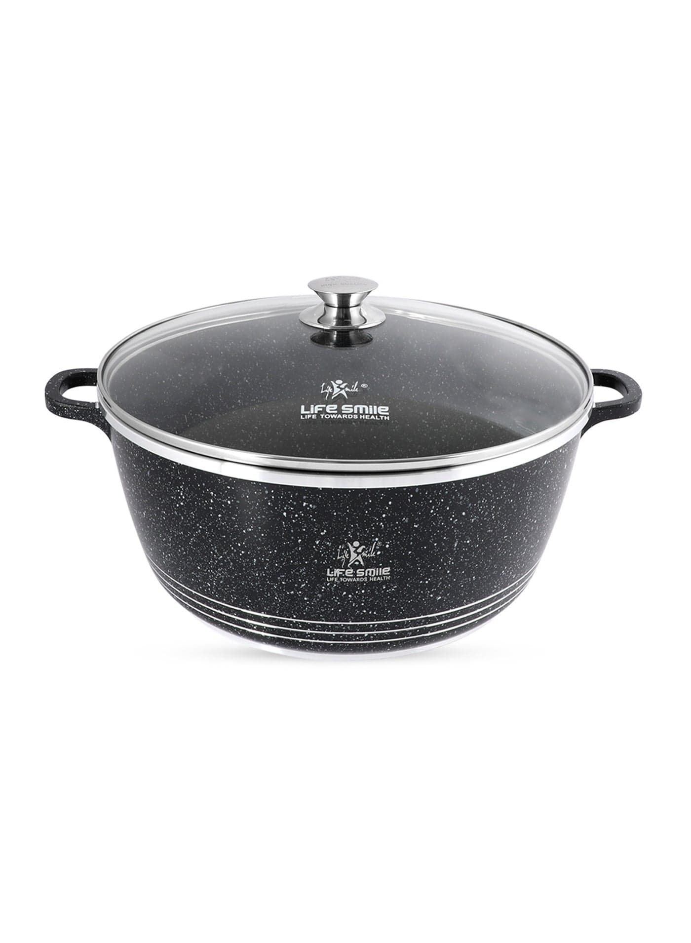 Life Smile 36cm Nonstick Cookwares – 13L Granite Cooking Pot with Glass Lid | Multi-Layer PFOA-Free Casserole, Aluminum Soup Pot with Fixed Handles, Stainless Steel Rim & Oven-Safe Design