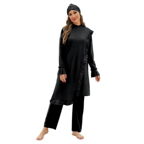 Muslim Swimsuits for Women Rash Guard Surfing Swimwear Long Sleeve Burkini Swimsuits for Women Islamic Full Cover Swimsuit Bathing Suit Swim Top Dress + Pants Hijab Cap 3pcs Set Black YY10869 S