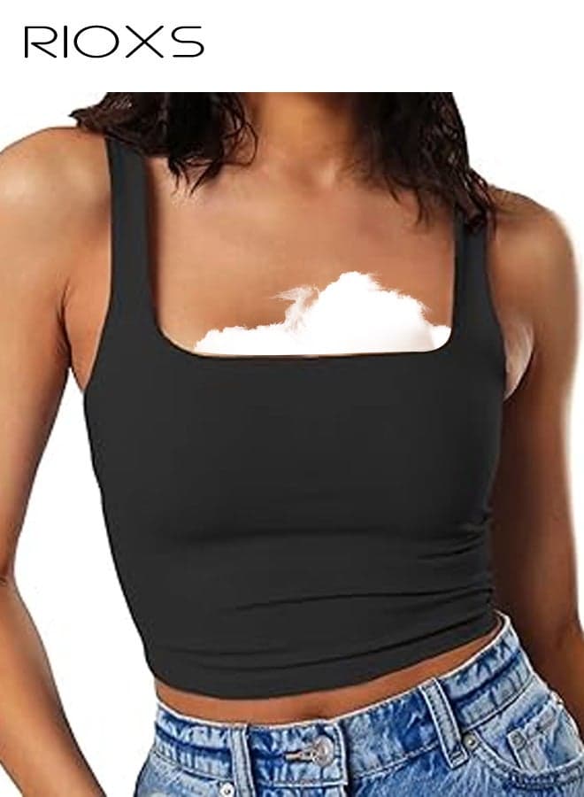 Women's Square Neck Strappy Tank Top, Basic Summer Slim Fitted Sleeveless Camisole, Solid Workout Fitness Casual Crop Tops for Vacation Yoga Workout, Black