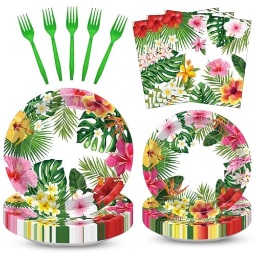 100 Pcs Tropical Luau Party Supplies Set Serves 25 Disposable Hibiscus Floral Paper Plates Napkins and Forks Hawaiian Themed Tableware for Summer BBQ Pool and Beach Aloha Birthday Decorations