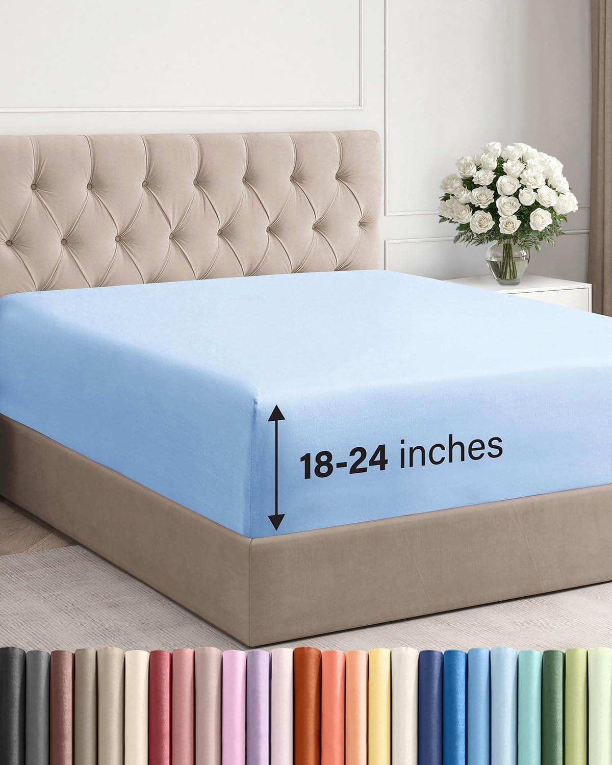 Extra Deep Full Fitted Sheet Hotel Luxury Single Fitted Sheet Only Easily Fits 18 inch to 24 inch Mattress Ultra Soft Wrinkle Fade Free wExtra Deep Pockets Breathable Comfy Light Blue