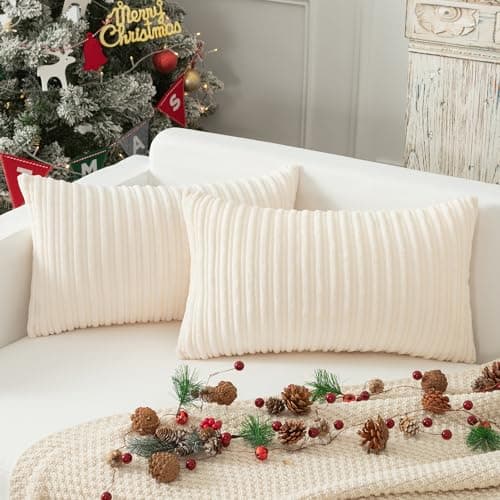 Kevin Textile Set of 2 Oblong Pillow Covers Christmas Plush Striped Corduroy Velvet Rectangular Lumbar Throw Pillow Case 12x20 Cushion Cover for Chair, 30 x 50cm, Creamy White