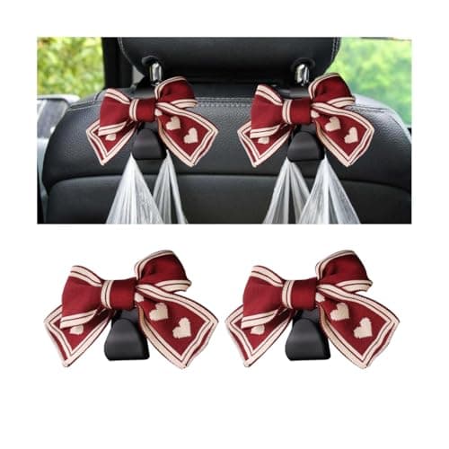 Mandark 2PCS Car Seat Headrest Hooks, Cute Bow Vehicle Hooks for Purses and Bags, Automotive Purse Hook Hanger Interior Decoration Accessories, Universal for SUV, Sedan, Truck (Red/White)