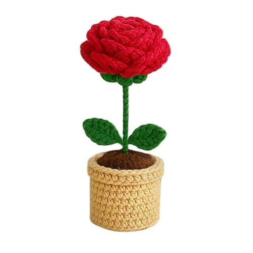 VCR Handmade Crochet Red Rose Pot - Pack of 1 - Hand Woven Knitted Artificial Red Rose Pot Hand Knitted Flower for Office Desk, Table, Car, Bedroom, Wedding & Special Occasions
