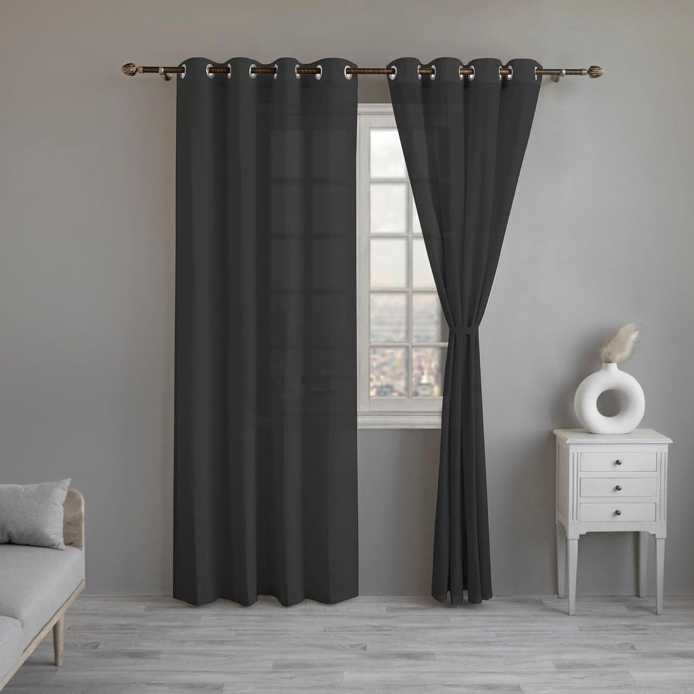 LINENWALAS Black Cotton Linen Sheer Curtains 8 Feet Door Curtain Set of 2 Solid Curtains for Kitchen Bedroom Curtains with Eyelet Rings Light Filtering 45X 8 ft