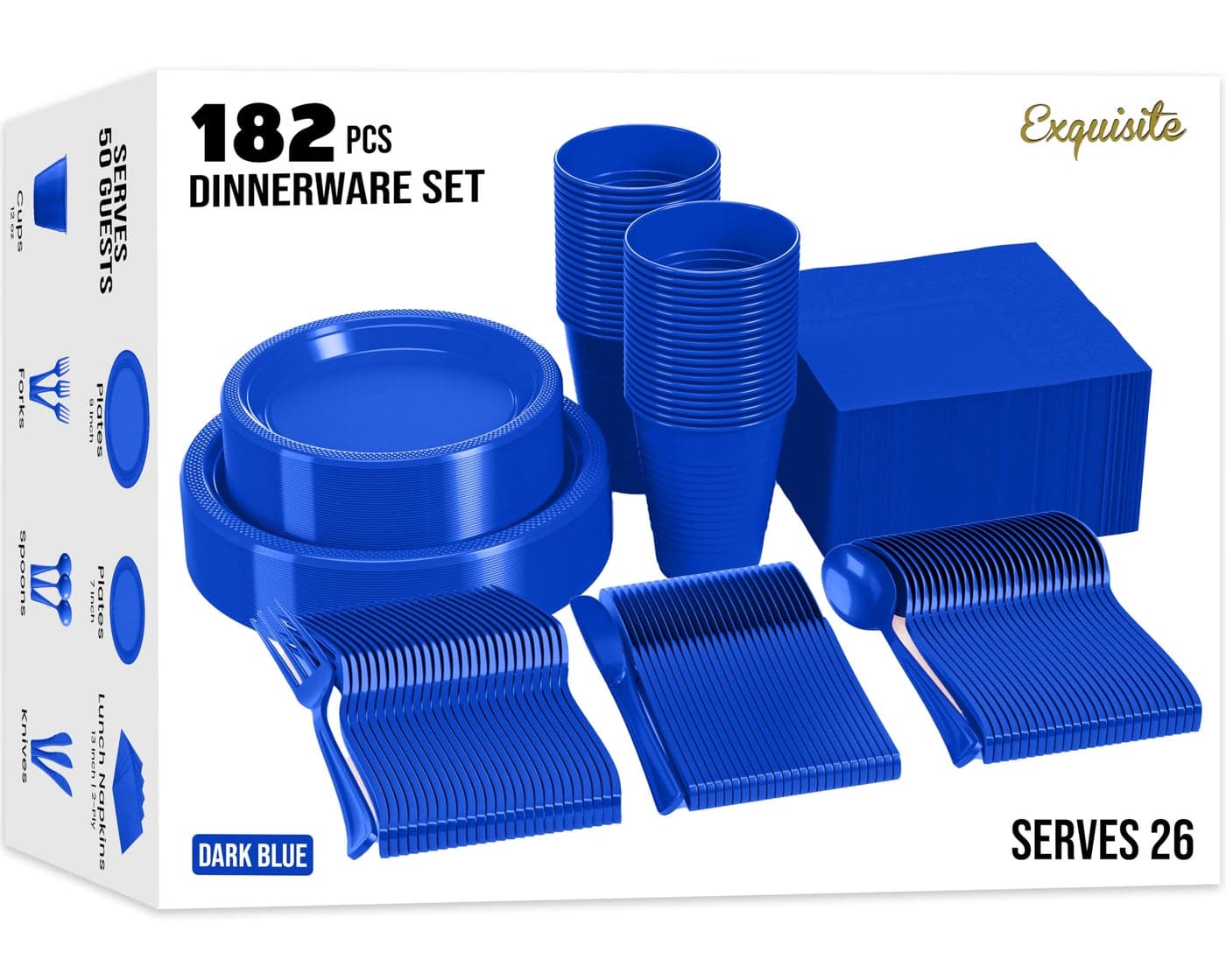 182 Pcs Dark Blue Plastic Plates For Party Dark Blue Disposable Plates Set 26 Of Each 9 Dinner Plate Set 7 Dessert Plate Cups Napkins Cutlery Plastic Dinnerware Exquisite
