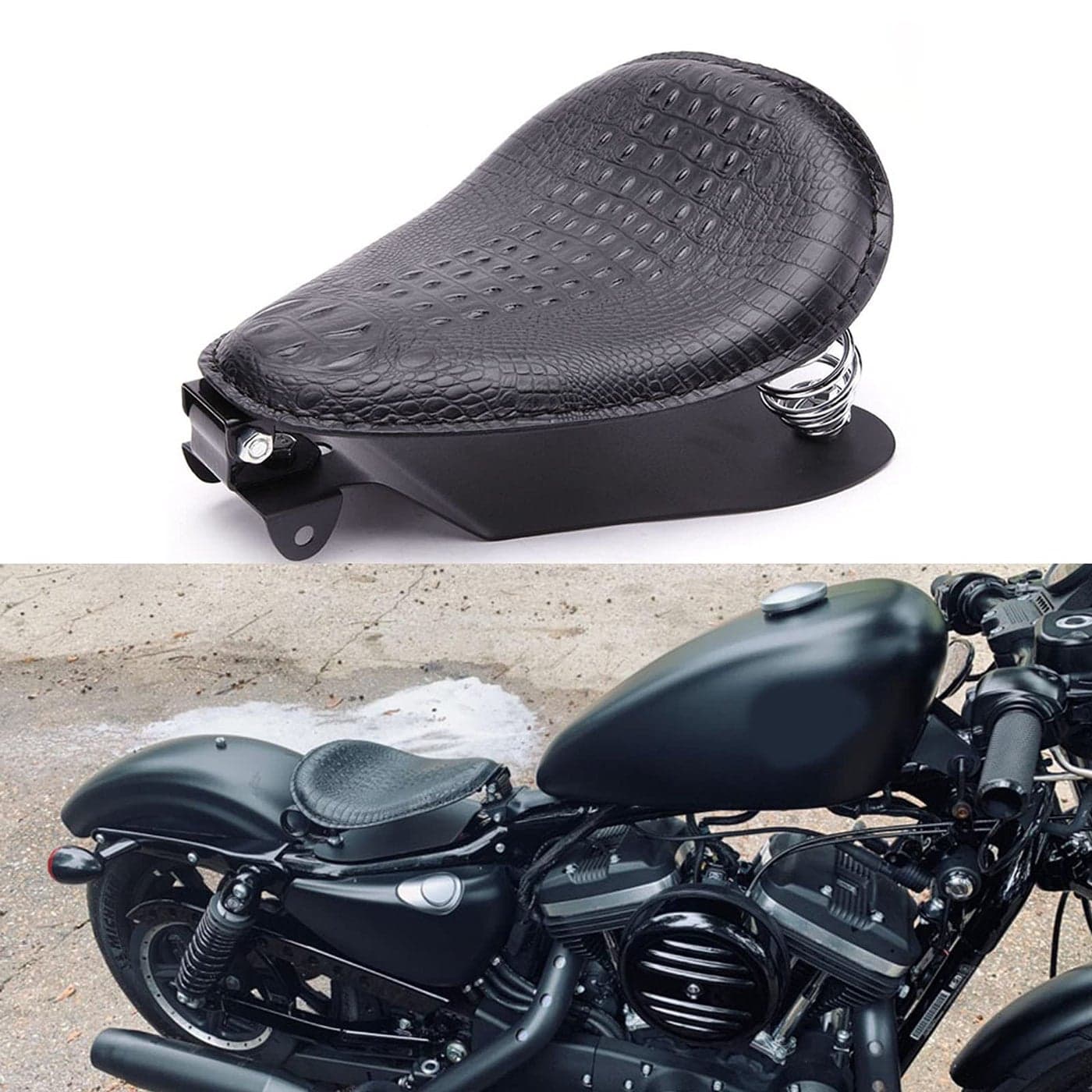 Rich Choices Black Crocodile Leather Solo Seat with Spring Bracket Kit Compatible with Harley Davidson Sportster XL 1200 883 48 Chopper Bobber Seats Custom