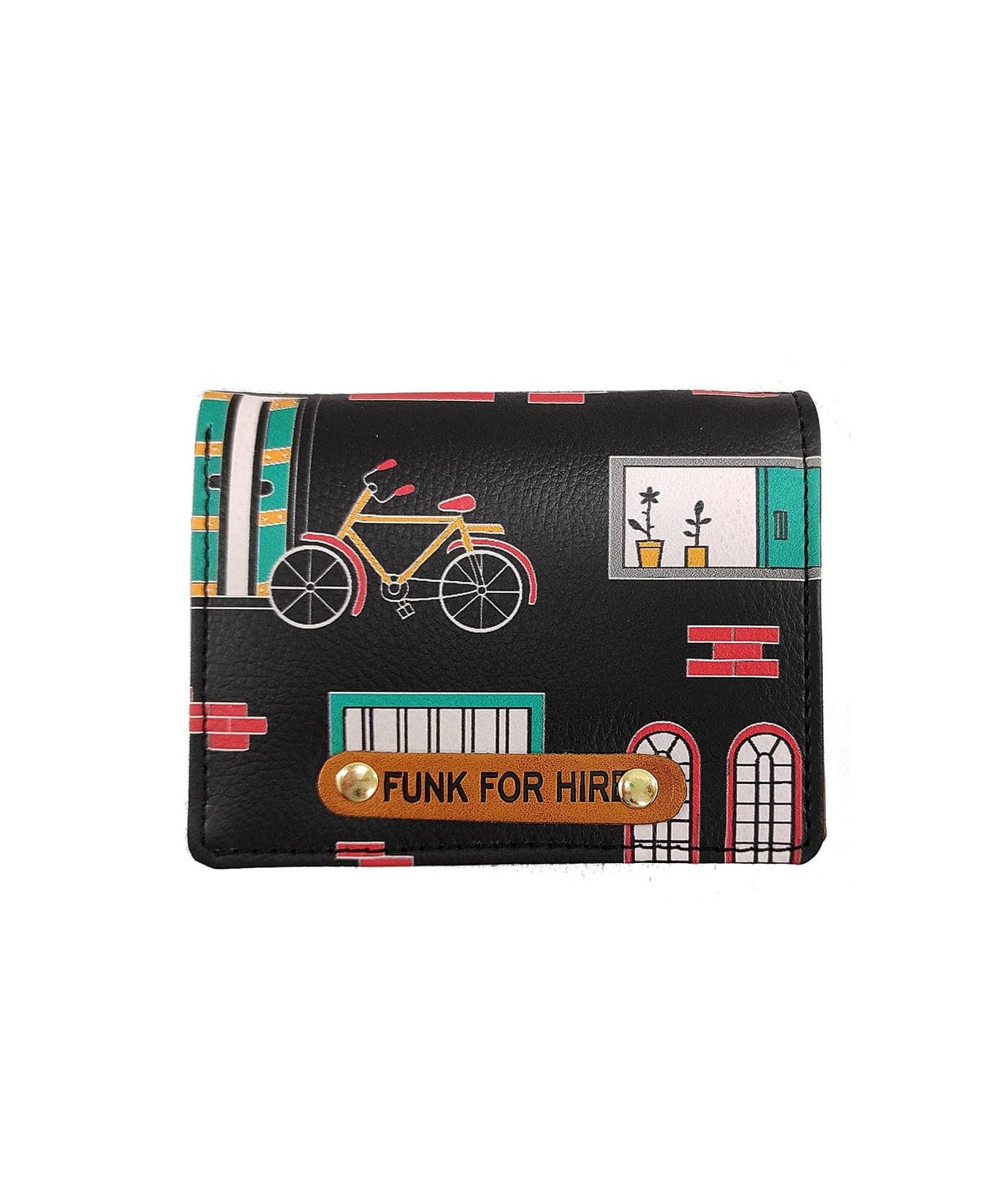 Funk For Hire Black Faux Leather Unisex Mini Card Holder Wallet Bifold Slim Compact Wallet with 6 Card Slots Cash Compartment and Zippered Coin Pouch Casual Stylish