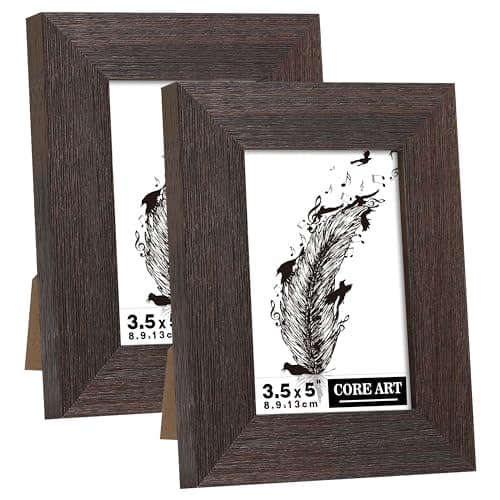 CORE ART 3.5x5 Picture Frame, Handmade Wood Rustic Brown Photo Frame Set of 2, High Definition Semi-tempered Glass Wall or Tabletop Display