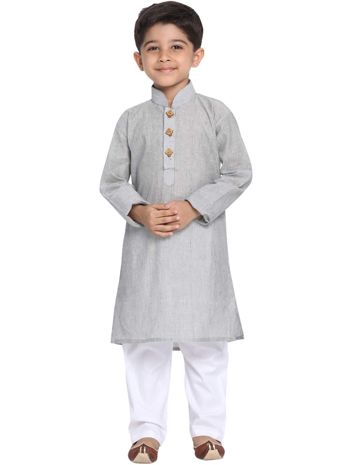 JBN Creation Boys Pure Cotton Ash Grey and White Kurta Pyjama Set - Ethnic Elegance for Festivals | Comfortable Traditional Pure south handloom cotton kurta pyjama for Kids_JBNBK070GYnPWH_34
