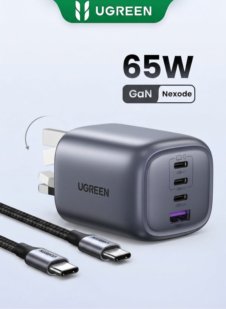 UGREEN Nexode 4-Port 65W USB C Charger with 100W Cable,Foldable Type-C Fast Wall Charge Plug GaN Laptop Charging Adapter Compatible for Galaxy S25U,MacBook Air,HP/Dell/Lenovo,iPad,iPhone 17 Pro Max 65W 3C1A With Cable