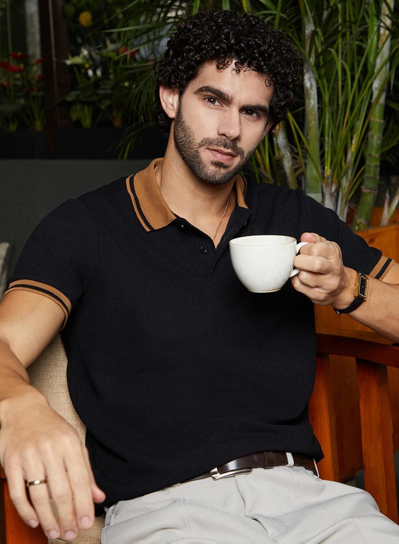 Men's Onyx Black Cuboid-Stripe Polo T-Shirt