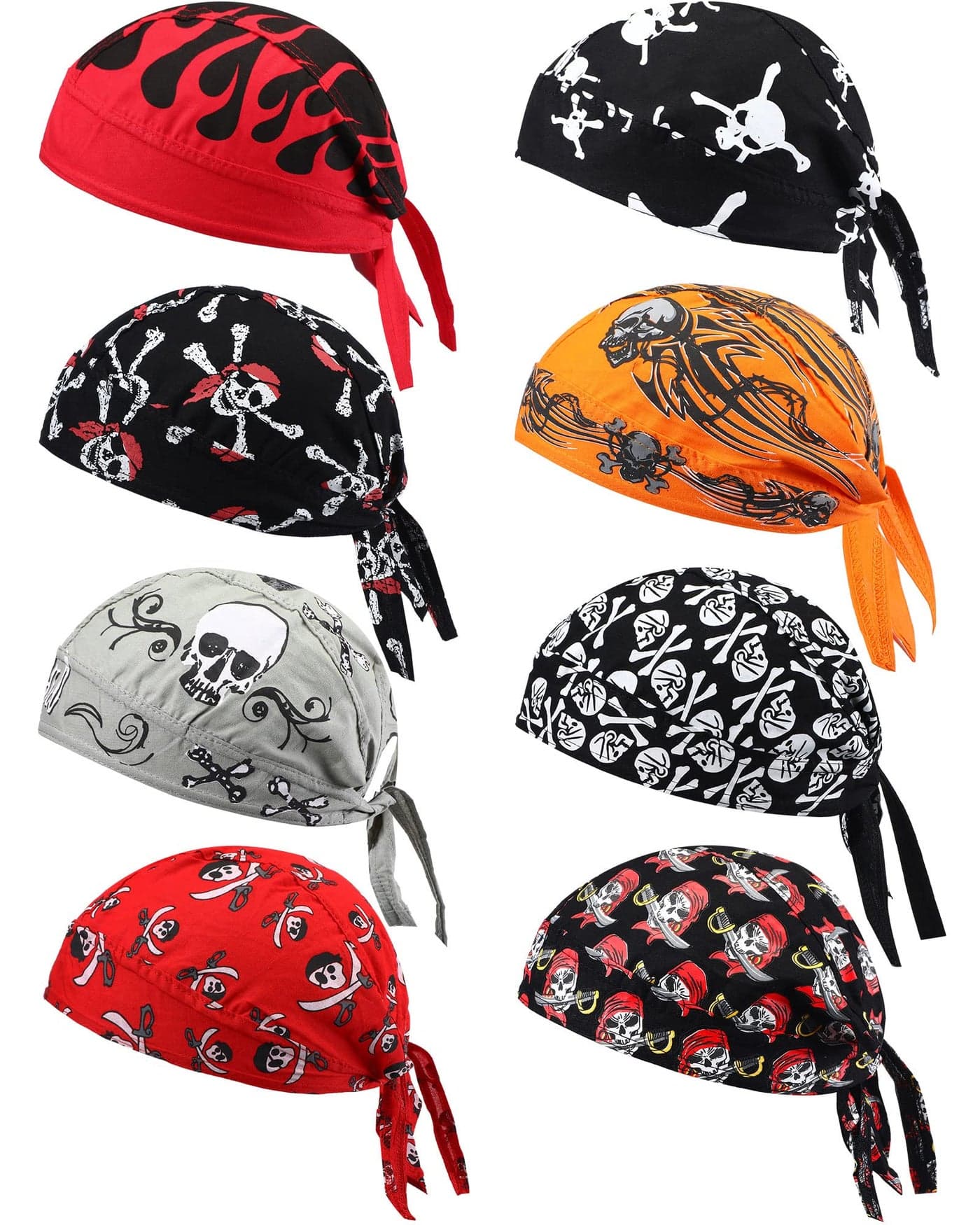 Foaincore 8 Pack Do Rag Skull Caps for Men Sweat Wicking Doo Rags Cooling Helmet Liner Cycling Motorcycle Bandana (Vivid Color,Skeleton Style) Multicoloured