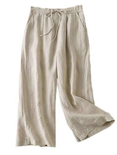 FTCayanz Womens Linen Cropped Wide Leg Pants Elastic Waist Casual Palazzo Trousers with Pockets Beige XXLarge