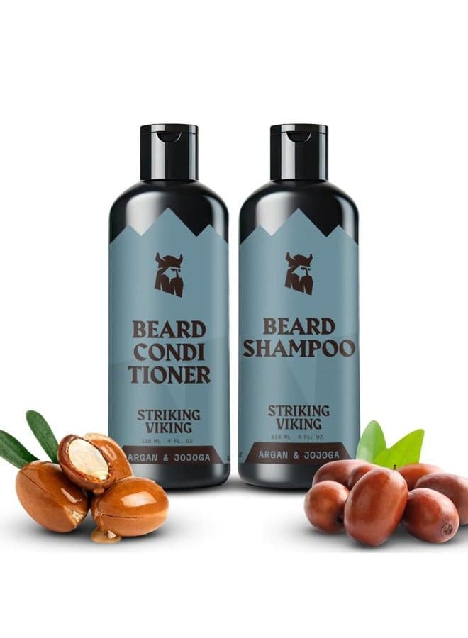 Beard Shampoo and Beard Conditioner for Men, Naturally Derived Ingrediets Beard Wash Set Cleanse Softens & Conditions with Organic Argan and Jojoba Beard Oils, Sulfate & Paraben Free -