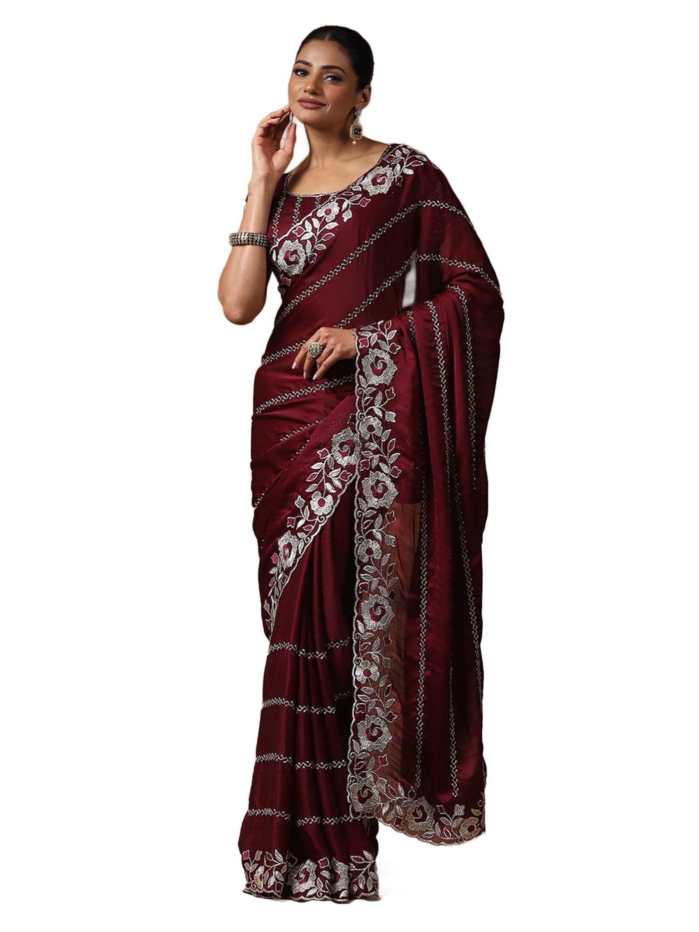 SAREE MALL Women's Burgundy Satin Silk Floral Printed Saree With Unstitched Blouse Piece (ANIKA1204_AG)
