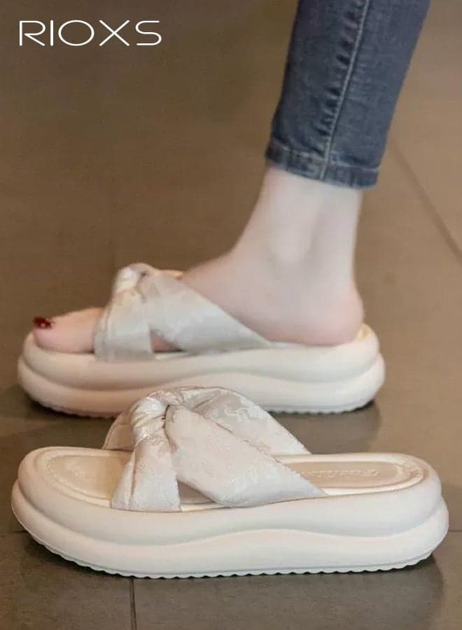 Women's Casual Sandals, Breathable Outdoor Beach Flip-Flops, Chunky-Soled Non-Slip Bathroom Slippers, Open-Toe Bow-Tied Flat House Shoes, EVA Cushioned, Scent-Resistant, and Moisture-Wicking Sandals—Lightweight and Quick-Drying for Vacations, Walks, and Beach Trips,White