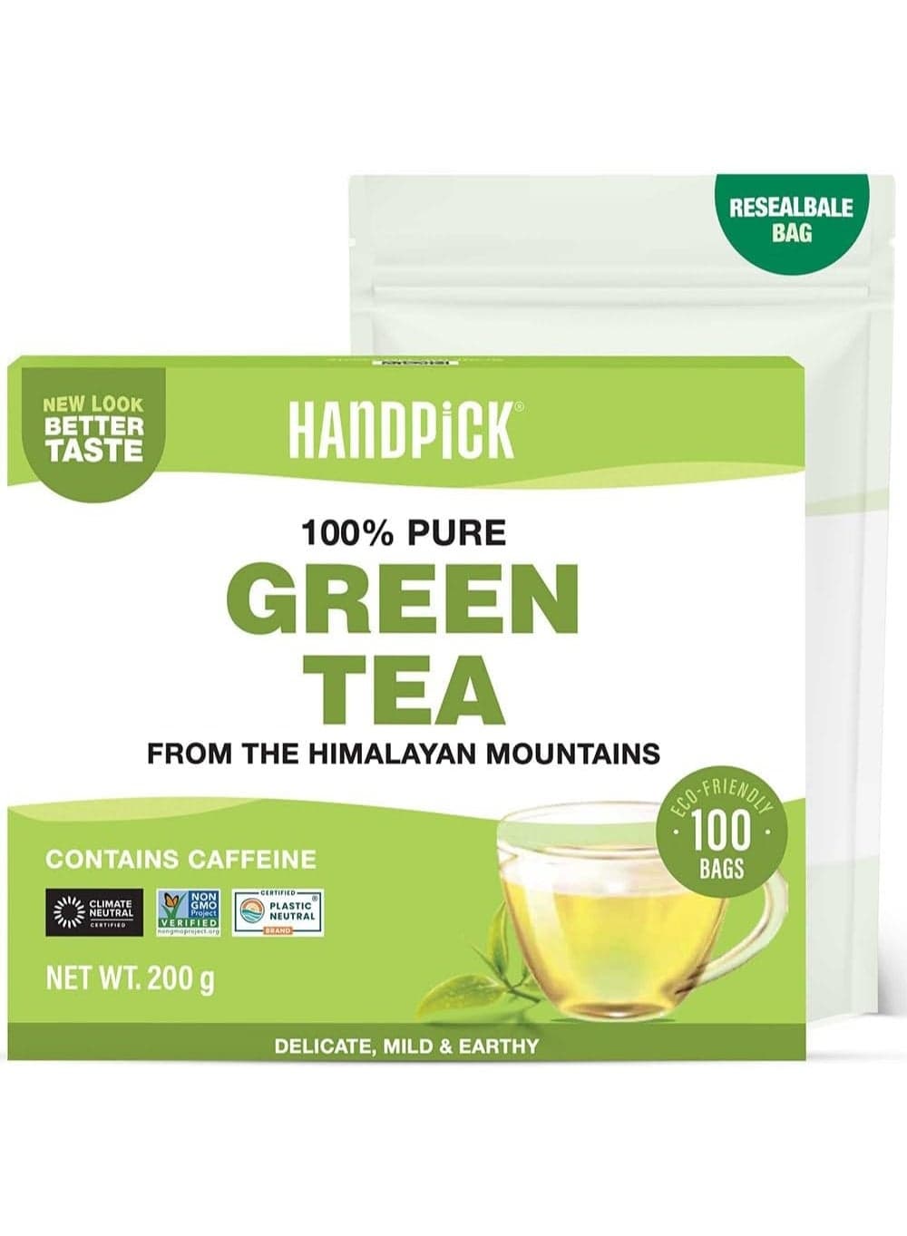 Organic Green Tea Bags - 100 Eco-Friendly Tea Bags | USDA Organic | Resealable Pack for Freshness | Delicate & Flavory | Direct From India