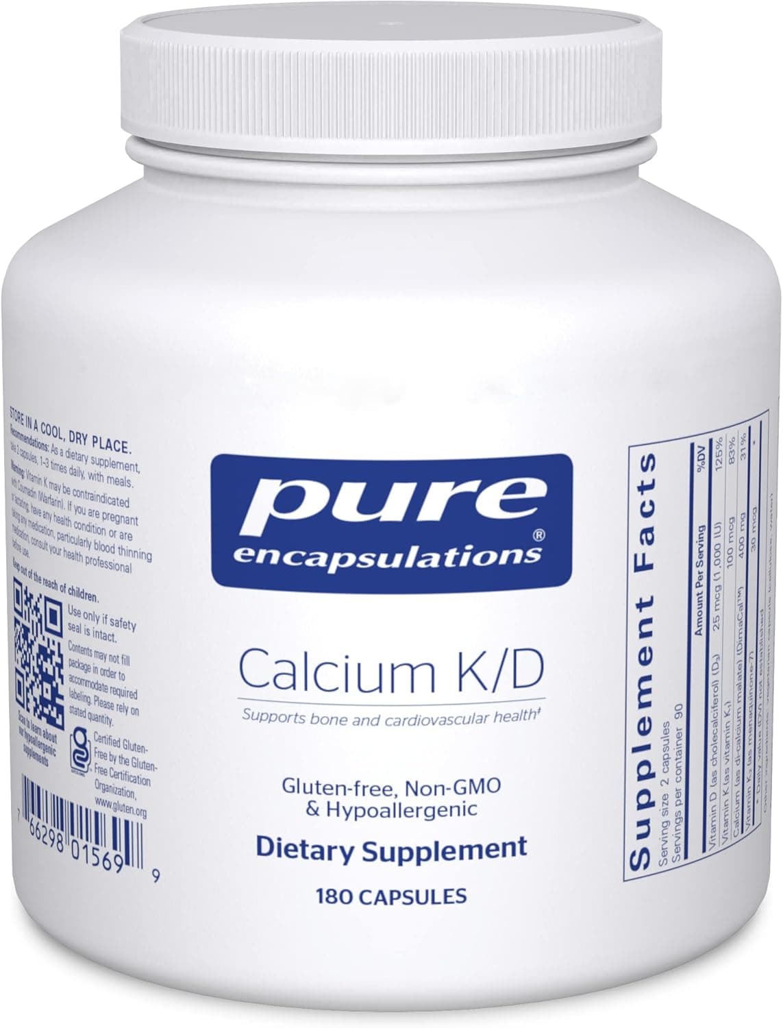 Pure Encapsulations Calcium KD Supplement for Bone Strength Immune System Colon and Cardiovascular Health 180 Capsules