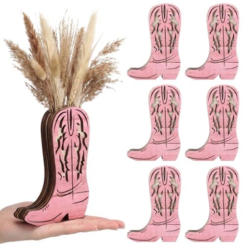 LemonRoad Wooden Cowboy Boot Vases for Wedding Small Cowboy Boot Flower Vase for Flower Faux Greenery Rustic Western Decor for Table Centerpiece Weddings Party (Classic,Pink,6 Pcs)
