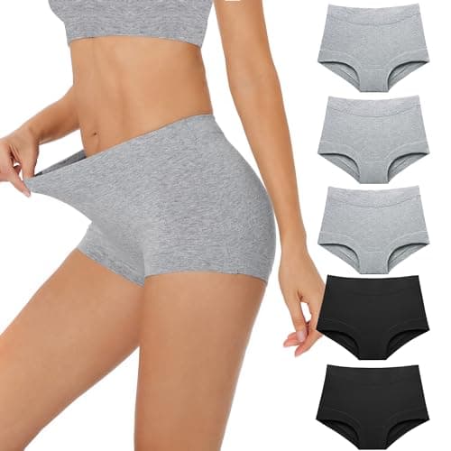 Migbean Women's Cotton Boxer Briefs Underwear Boy Shorts Underwear Lightweight High Waist Panties 5 Pack Black Grey