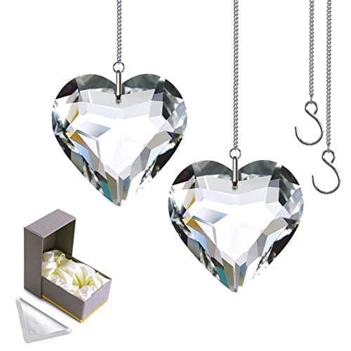GOLDENHAITAI Clear Crystal Suncatcher, 2pc 45mm Heart, Handmade Prism Pendant for Windows, Outdoor Indoor Hanging Ornament, Rainbow Maker Gifts for Mom, Grandma, Friends (2 Hearts, Clear)