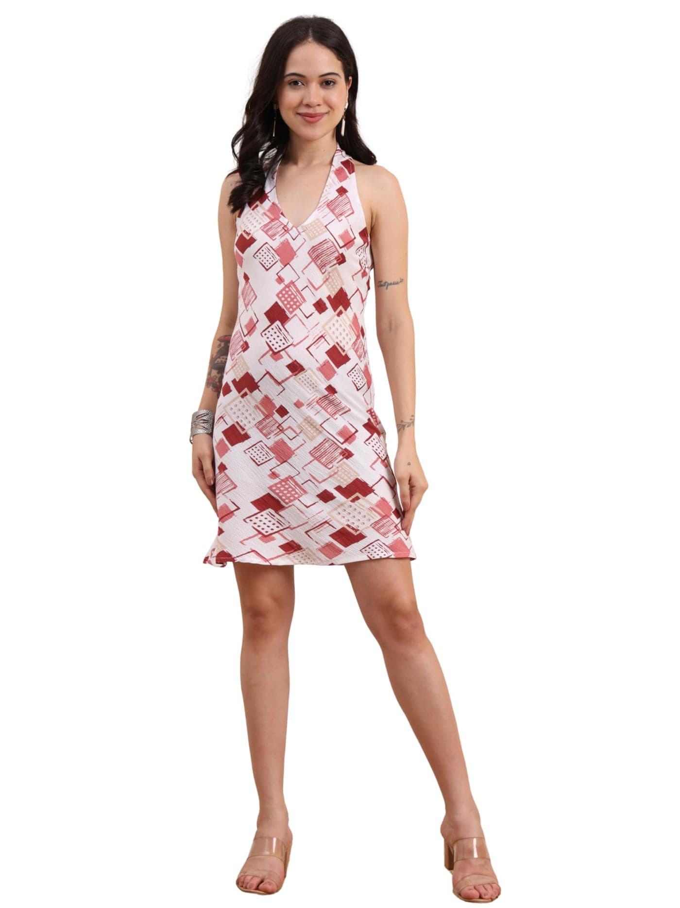 Yash Gallery Women’s Delta Fabric Geometric Print Sleeveless A- Line Halter Neck Mini Dress