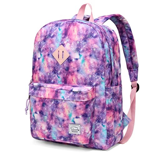 VASCHY Backpack for School Lightweight Water Resistant Bookbag Casual Daypack for Middle School Teen Girls Pink Galaxy
