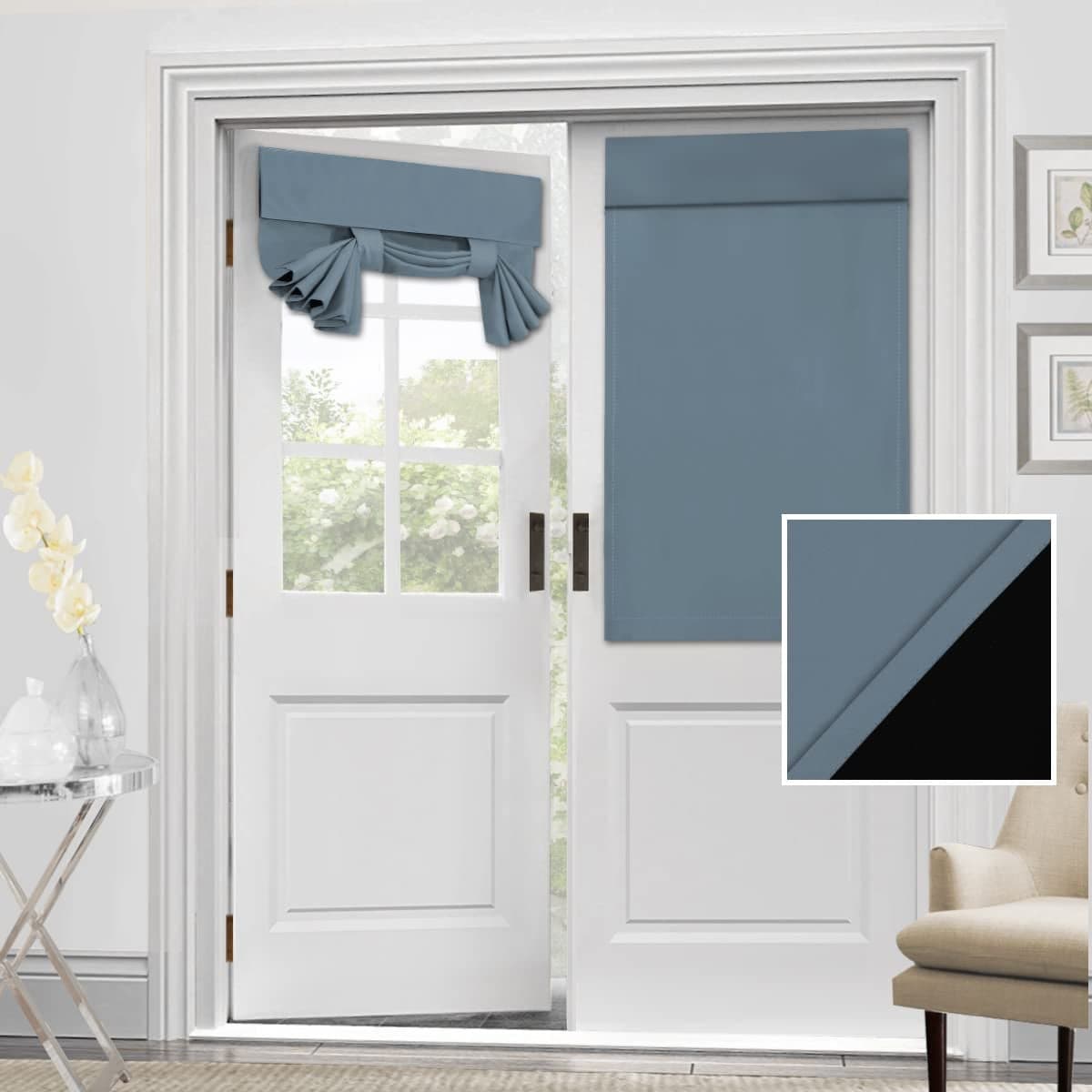HVERSAILTEX 100 Blackout French Door Curtain Privacy French Door Blinds Light Blocking Curtain for Sliding Glass Door Thermal Insulated Tie Up Shade 26x40 Inches 1 Panel Stone Blue