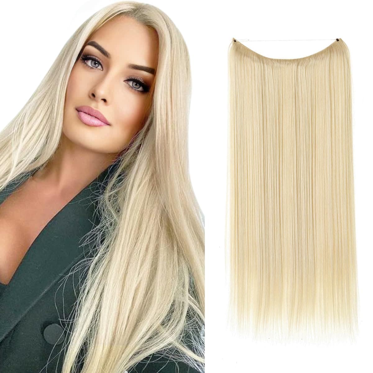 SARLA Invisible Wire Hair Extensions Beach Blonde Adjustable Transparent Headband Straight Long Synthetic Hairpieces 18 Inch for Women No Clip