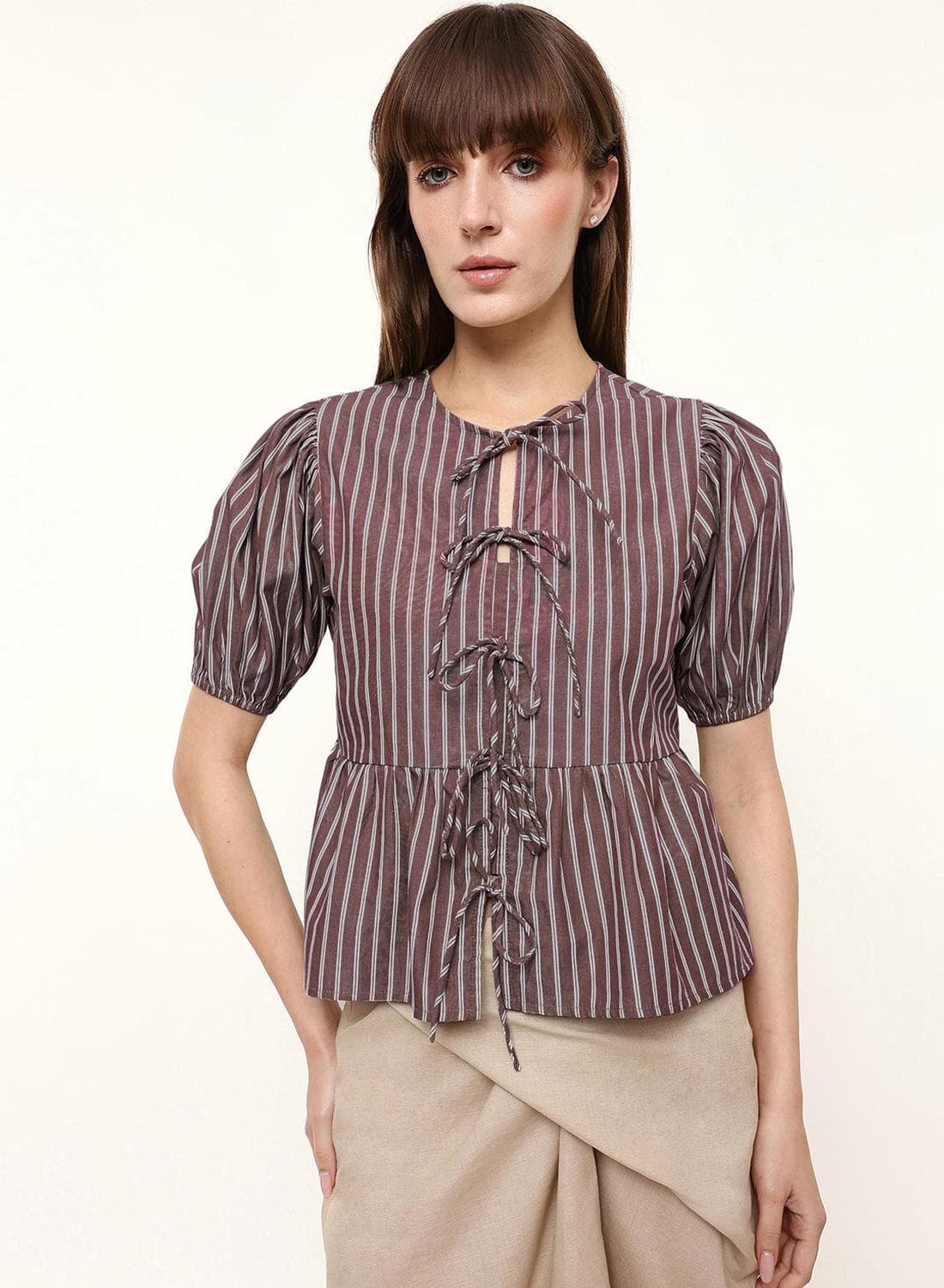 Brown 100% Cotton Striped Blouse Boxy Tops For Women