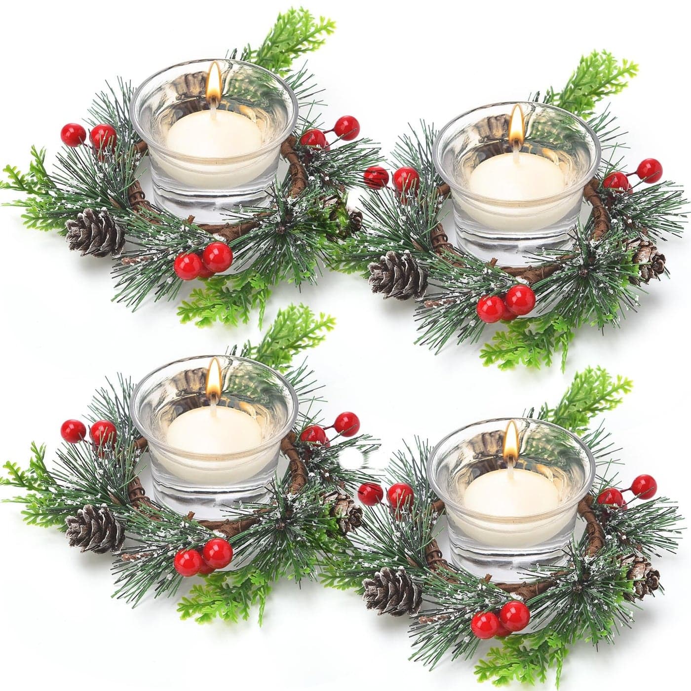 12 Piece Christmas Votive Candle Holder Set Including 4 Pieces Christmas Berry Candle Ring4 Pieces Decorative Glass Tealight Candle Holder4 Pieces White Votive Candles for Wedding Birthday Holiday