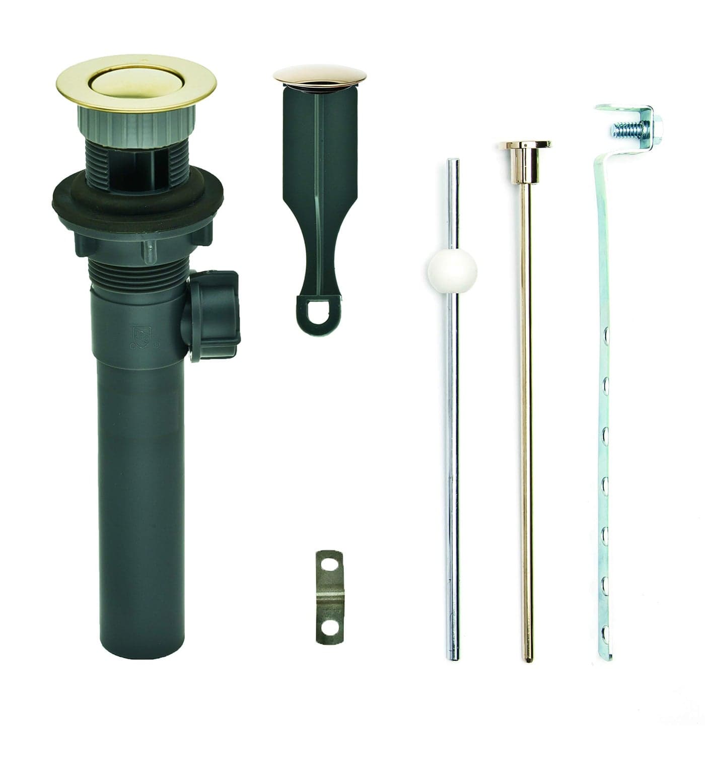 PF WaterWorks PF0735-PB-GR, Gray ABS Body Bathroom Sink/Lavatory Pop-Up Drain with Ball Lift Rod | With Overflow | CUPC Listed, Polished Brass
