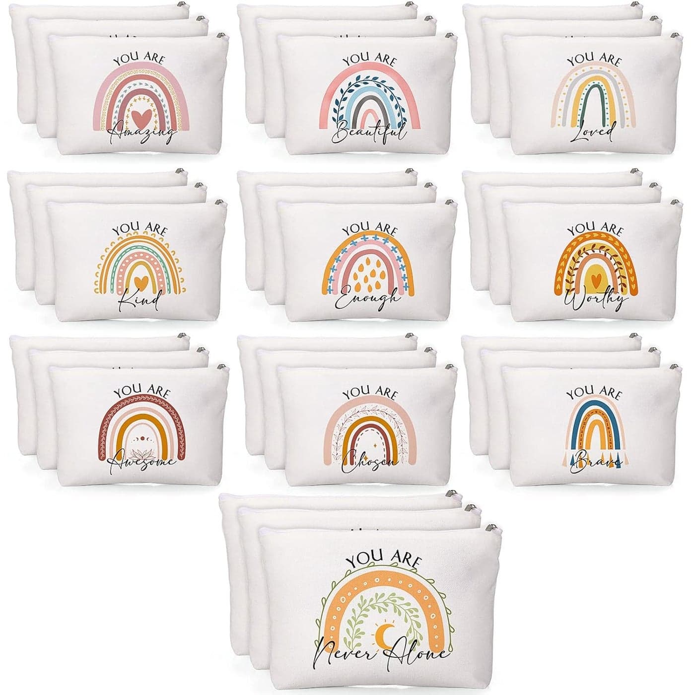 Coume 30 Pcs Womens History Month Gifts Bulk Inspirational Canvas Makeup Bags for Women Motivational Cosmetic Bag with Zipper Travel Makeup Pouch for Teacher Nurse Coworkers Volunteer(Rainbow)